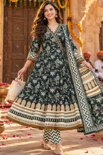 women ethnic motifs printed angrakha  cotton kurta with trousers & with dupatta