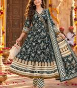 women ethnic motifs printed angrakha  cotton kurta with trousers & with dupatta