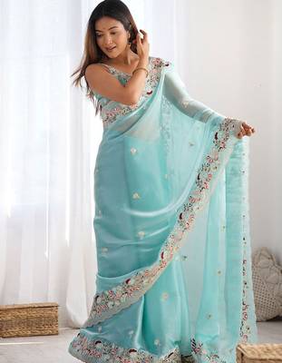 Blue embellished sequinned organza saree 2