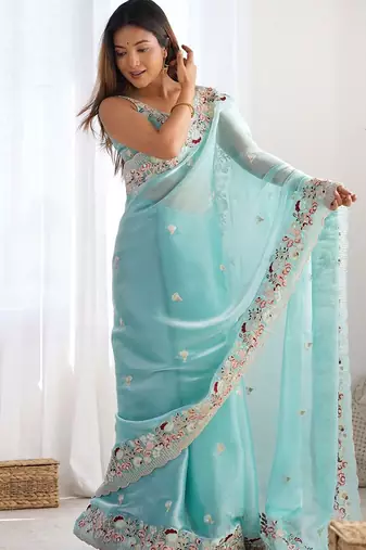 Blue embellished sequinned organza saree