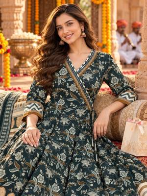 women ethnic motifs printed angrakha  cotton kurta with trousers & with dupatta 2