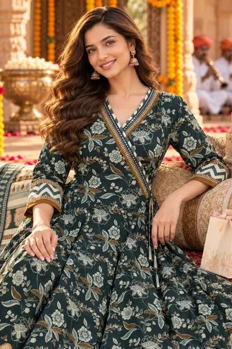 women ethnic motifs printed angrakha  cotton kurta with trousers & with dupatta