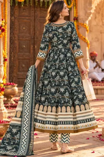 women ethnic motifs printed angrakha  cotton kurta with trousers & with dupatta