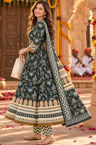 women ethnic motifs printed angrakha  cotton kurta with trousers & with dupatta