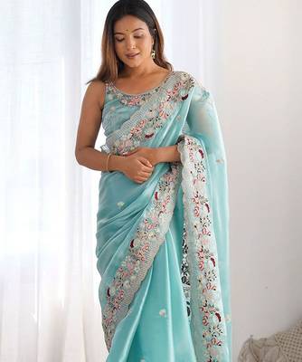 Blue embellished sequinned organza saree 3