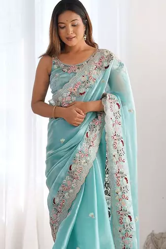 Blue embellished sequinned organza saree