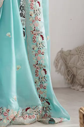 Blue embellished sequinned organza saree