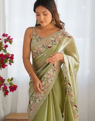 Green embellished sequinned organza saree 1