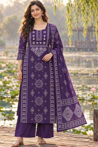 women ethnic motifs printed regular  cotton kurta with palazzos & with dupatta