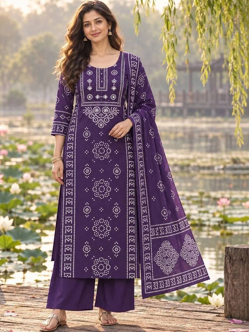 women ethnic motifs printed regular  cotton kurta with palazzos & with dupatta