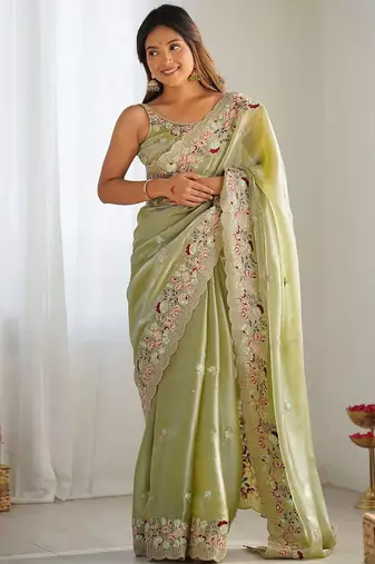 Green embellished sequinned organza saree