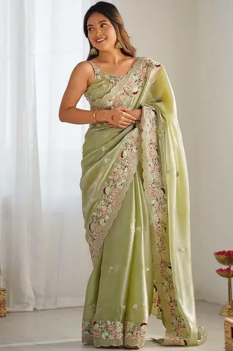 Green embellished sequinned organza saree