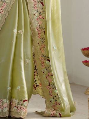 Green embellished sequinned organza saree 5