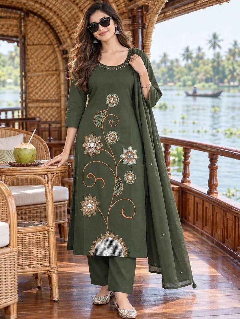 women ethnic motifs embroidered regular thread work  cotton kurta with trousers & with