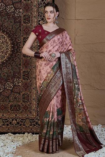 Peach kalamkari zari silk blend saree
