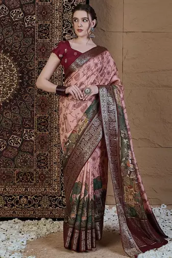 Peach kalamkari zari silk blend saree