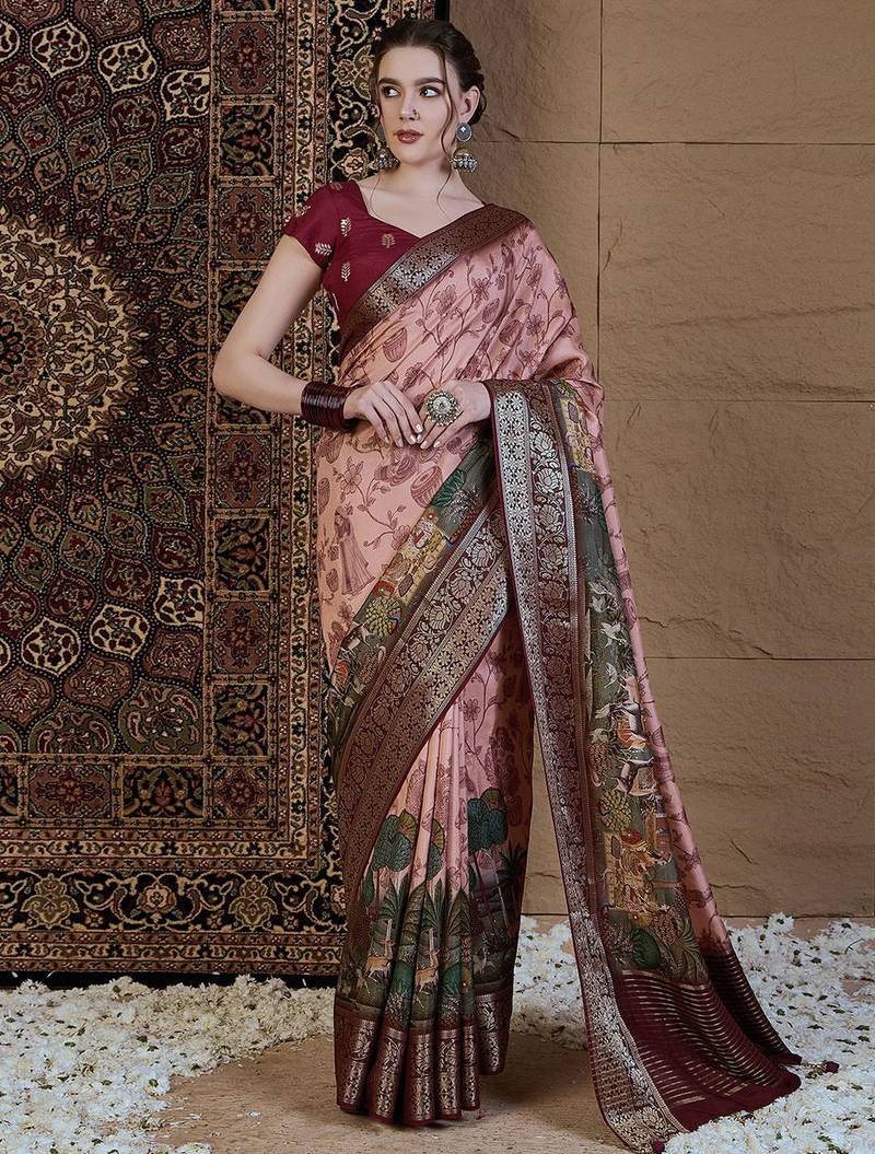 Peach kalamkari zari silk blend saree