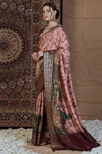 Peach kalamkari zari silk blend saree