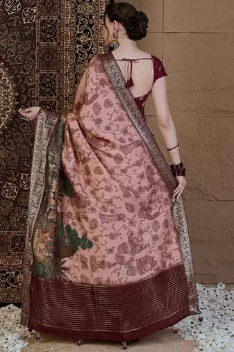 Peach kalamkari zari silk blend saree