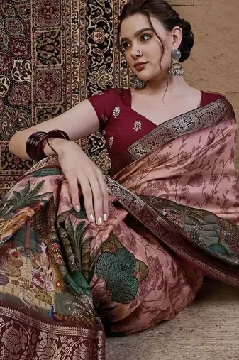 Peach kalamkari zari silk blend saree