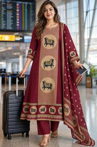 women ethnic motifs printed regular  cotton kurta with trousers & with dupatta