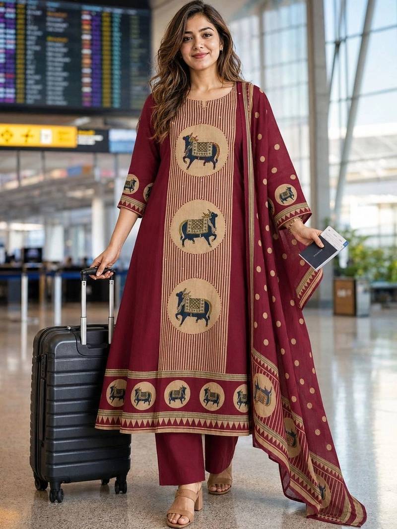 women ethnic motifs printed regular  cotton kurta with trousers & with dupatta