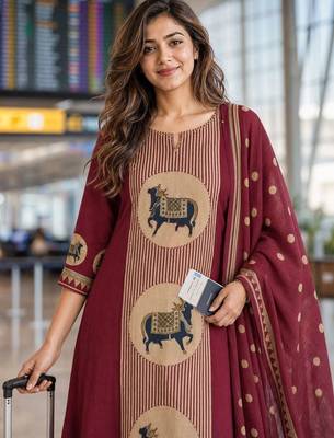 women ethnic motifs printed regular  cotton kurta with trousers & with dupatta 2