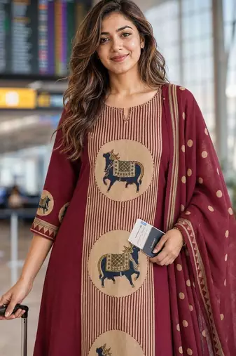 women ethnic motifs printed regular  cotton kurta with trousers & with dupatta