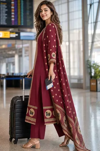 women ethnic motifs printed regular  cotton kurta with trousers & with dupatta