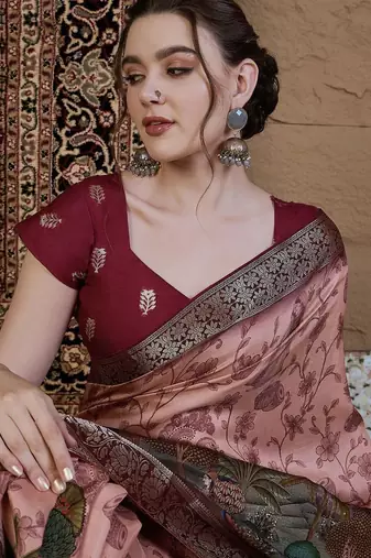 Peach kalamkari zari silk blend saree