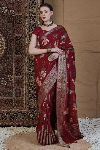 Maroon kalamkari zari silk blend sungudi saree