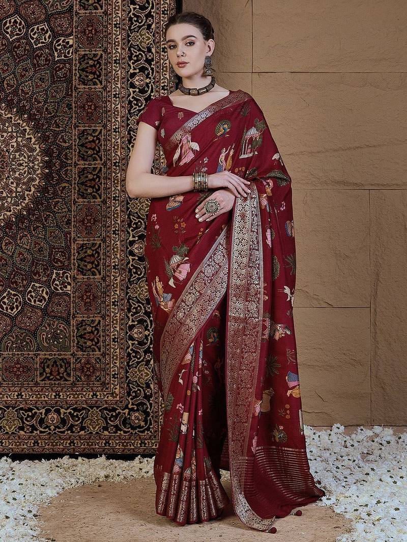 Maroon kalamkari zari silk blend sungudi saree
