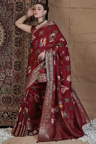 Maroon kalamkari zari silk blend sungudi saree