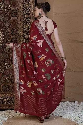 Maroon kalamkari zari silk blend sungudi saree