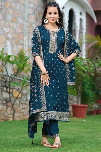 floral embroidered zari round neck straight kurta with trousers & dupatta