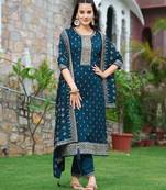 floral embroidered zari round neck straight kurta with trousers & dupatta