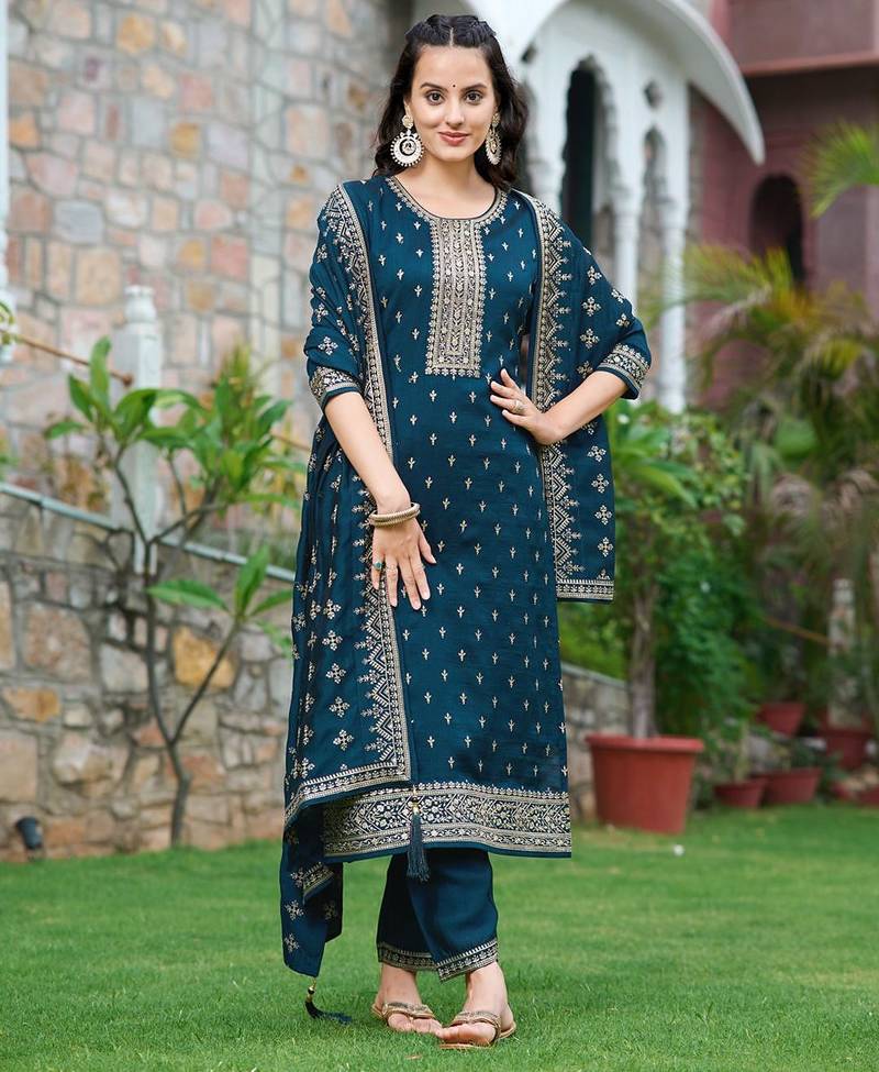 floral embroidered zari round neck straight kurta with trousers & dupatta
