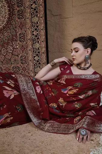 Maroon kalamkari zari silk blend sungudi saree