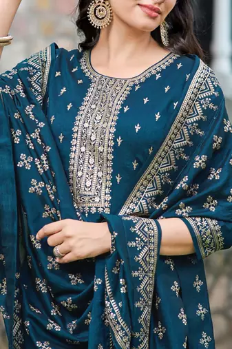 floral embroidered zari round neck straight kurta with trousers & dupatta