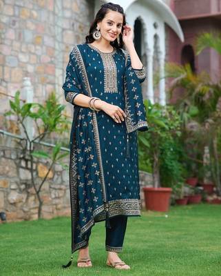 floral embroidered zari round neck straight kurta with trousers & dupatta 3
