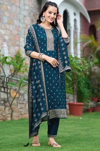 floral embroidered zari round neck straight kurta with trousers & dupatta