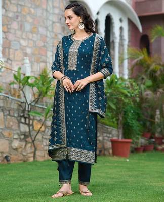 floral embroidered zari round neck straight kurta with trousers & dupatta 4