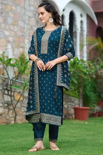 floral embroidered zari round neck straight kurta with trousers & dupatta