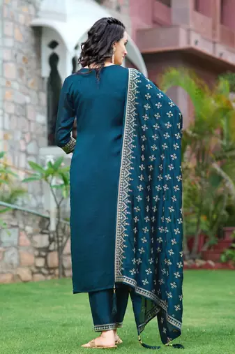 floral embroidered zari round neck straight kurta with trousers & dupatta