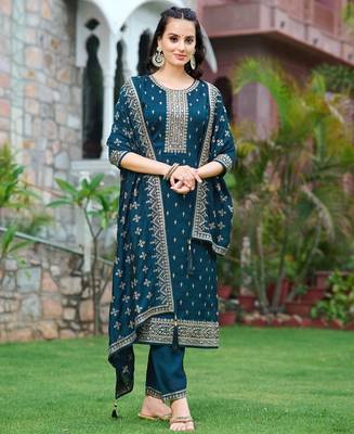 floral embroidered zari round neck straight kurta with trousers & dupatta 6
