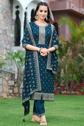 floral embroidered zari round neck straight kurta with trousers & dupatta