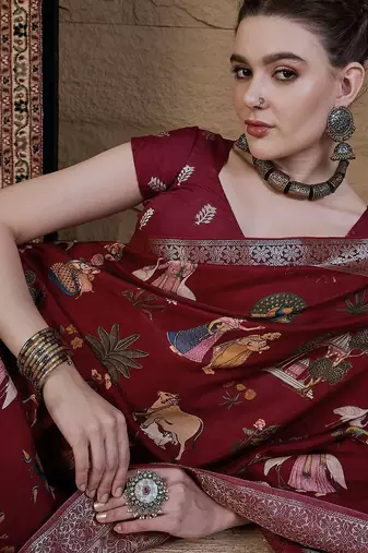 Maroon kalamkari zari silk blend sungudi saree