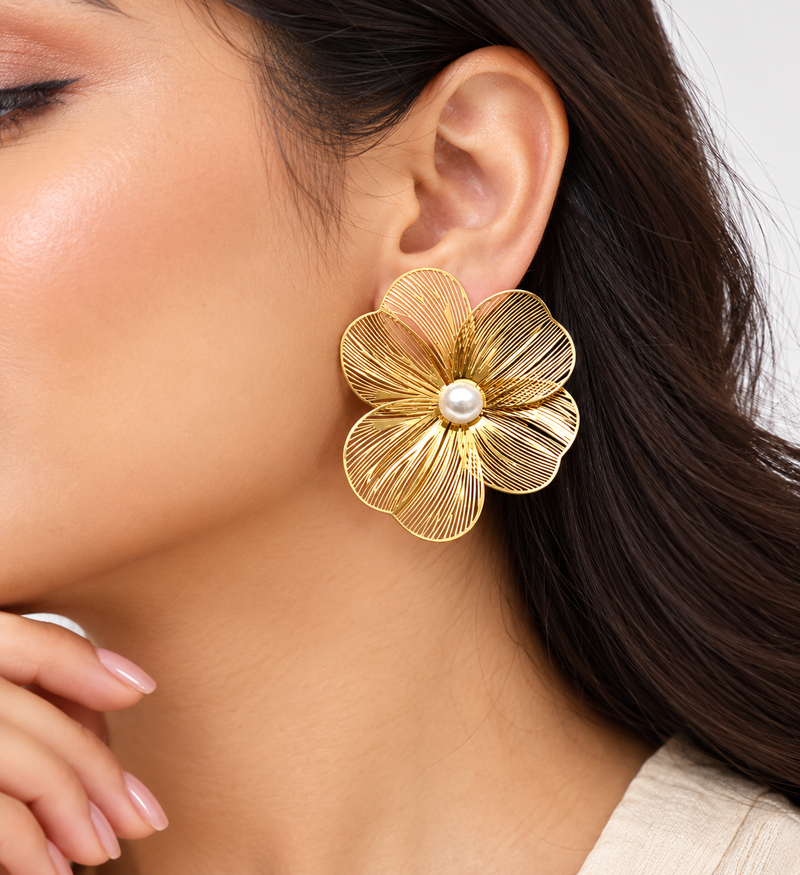 Anti-tarnish filigree petal design, statement studs, women's jewellery, lightweight metal, festive wear
