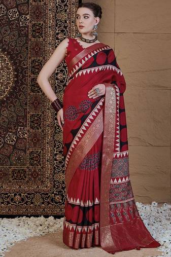 Red ajrak block zari silk blend sungudi saree