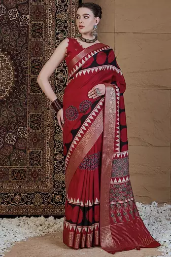 Red ajrak block zari silk blend sungudi saree